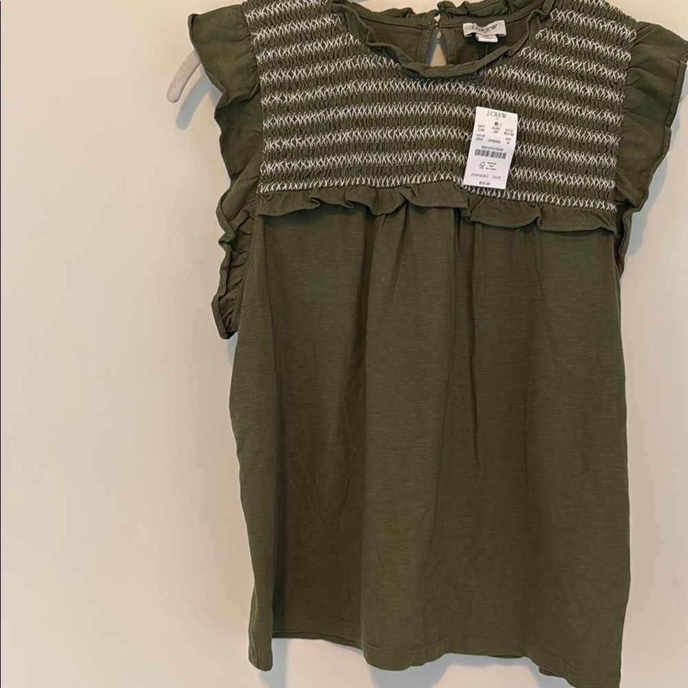 J. Crew Green Ruffled Smocked Blouse